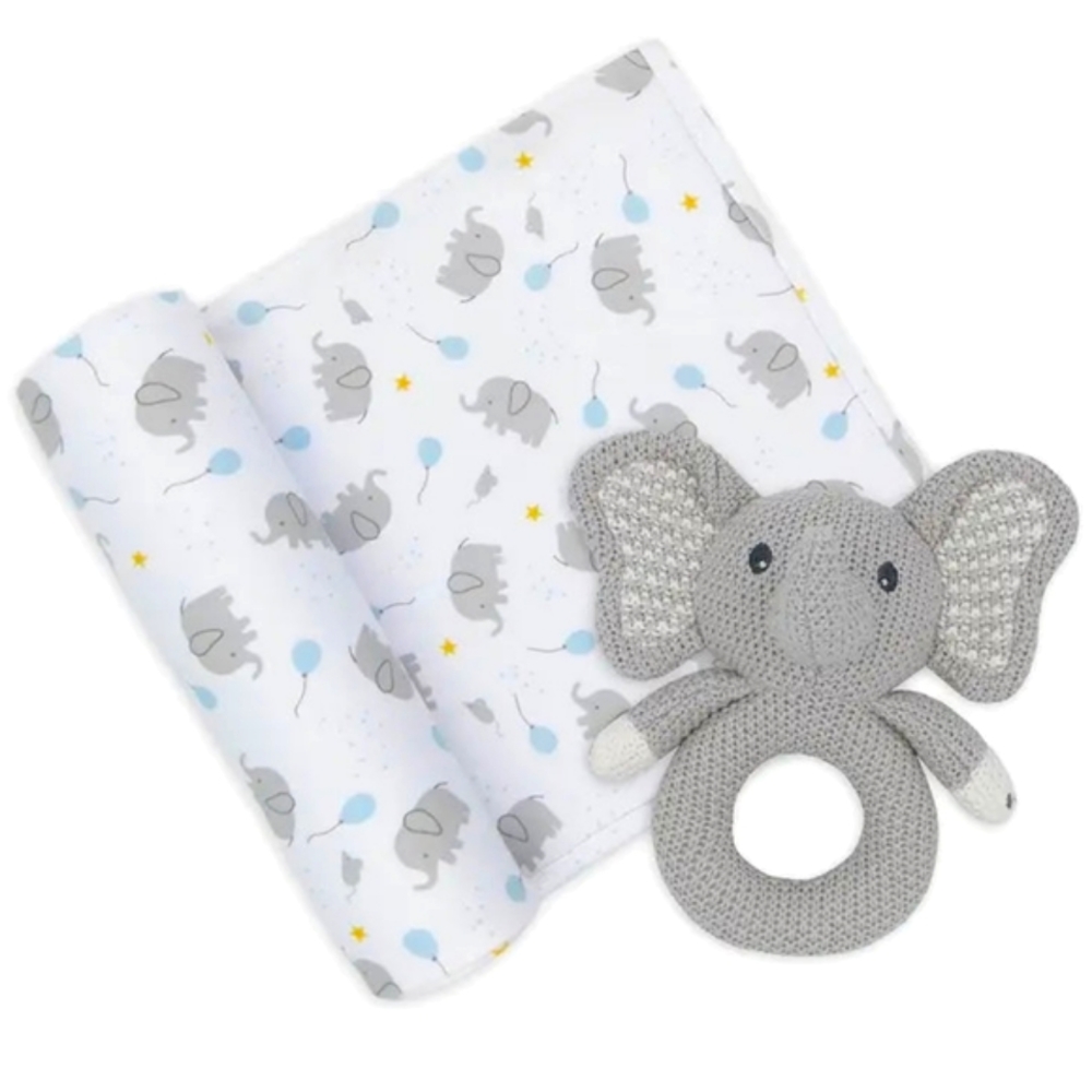 'Mason Elephant' Swaddle & Ring Rattle Gift Set - Picture 2 of 3